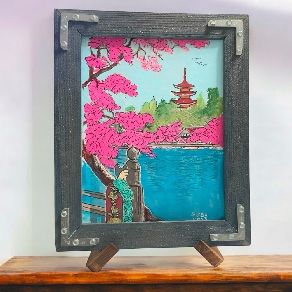Hand painted acrylic cherry blossom scene in Japan 11” x 14”